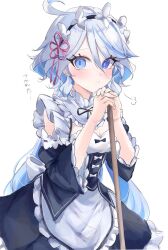 Rule 34 | 1girl, ahoge, apron, blue eyes, blue hair, breasts, broom, cleavage, commentary request, cosplay, detached sleeves, furina (genshin impact), genshin impact, hair ribbon, highres, holding, holding broom, juliet sleeves, light blush, long hair, long sleeves, looking at viewer, maid, maid apron, maid headdress, minase inori, mismatched pupils, multicolored hair, pe eee00, pink ribbon, puffy sleeves, re:zero kara hajimeru isekai seikatsu, rem (re:zero), ribbon, roswaal mansion maid uniform, simple background, small breasts, solo, twintails, two-tone hair, upper body, white background, white hair, wide sleeves