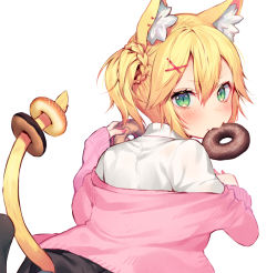 Rule 34 | 1girl, animal ear fluff, animal ears, asagi yuna, blonde hair, blush, braid, cat ears, cat tail, closed mouth, comic, commentary request, doughnut, dress shirt, fang, fang out, food, green eyes, hair between eyes, hair ornament, hairclip, long sleeves, looking at viewer, looking back, mouth hold, off shoulder, original, shirt, short hair, side ponytail, simple background, solo, tail, white background, white shirt, x hair ornament