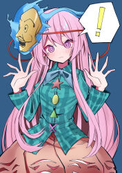 Rule 34 | !, 1girl, absurdres, blue background, blush, breasts, bubble skirt, buttons, circle, expressionless, green shirt, hair between eyes, hands up, hata no kokoro, highres, long hair, long sleeves, mask, mask on head, mizoreshi, orange skirt, pink eyes, pink hair, pink pupils, plaid, plaid shirt, shirt, simple background, skirt, small breasts, speech bubble, star (symbol), star button, teeth, touhou, triangle, triangle button, very long hair, x