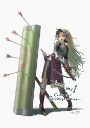 Rule 34 | 1girl, alternate costume, armor, armored dress, arrow (projectile), artist name, bow (weapon), commentary, commission, crossbow, english commentary, fingerless gloves, fire emblem, fire emblem awakening, gloves, green hair, helmet, highres, holding, holding crossbow, holding weapon, kazuko (towa), long hair, nintendo, nowi (fire emblem), open mouth, pauldrons, pointy ears, ponytail, purple eyes, shadow, shield, shoulder armor, simple background, solo, thank you, weapon, white background