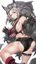 Rule 34 | 1girl, absurdres, animal ear fluff, animal ears, ass, black collar, black footwear, black gloves, black nails, black shirt, black shorts, boots, breasts, cleavage, collar, cropped shirt, elbow gloves, fingerless gloves, gloves, grey hair, highres, large breasts, long hair, looking at viewer, nail polish, red eyes, shirt, short shorts, shorts, sleeplessrhythm, spiked hair, thigh strap, torn clothes, torn shirt, virtual youtuber, vshojo, white background, wolf ears, wolf girl, zentreya, zentreya (werewolf)