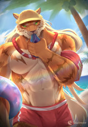 Rule 34 | 1boy, abs, absurdres, animal ears, bara, beach, beige fur, bulge, commentary request, cowboy shot, furry, furry male, highres, inkudoragoon, large pectorals, lifeguard, long hair, looking at viewer, male focus, male swimwear, muscular, muscular male, navel, no nipples, official alternate costume, orange fur, pang (sdorica), pectorals, red male swimwear, sand, sdorica, solo, stomach, sunlight, swim trunks, thick eyebrows, tiger boy, tiger ears, topless male, tree, two-tone fur, water, whistle, whistle around neck