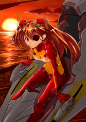 Rule 34 | 00s, 1girl, arm support, bodysuit, borderbreak, brown hair, cloud, cockpit, evangelion: 2.0 you can (not) advance, eyepatch, female focus, grin, highres, latex, long hair, multicolored clothes, neon genesis evangelion, nerv, ocean, plugsuit, rebuild of evangelion, red sky, sitting, skin tight, sky, smile, solo, souryuu asuka langley, sun, test plugsuit, twintails