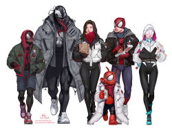Rule 34 | 2girls, 4boys, adapted costume, air jordan, air jordan 1, backpack, bag, black hair, bodysuit, bodysuit under clothes, candy, cindy moon, commentary, cup, disposable cup, eating, english commentary, food, full body, gwen stacy, hands in pocket, headphones, headphones around neck, highres, hood, hooded bodysuit, hoodie, in-hyuk lee, jacket, lollipop, long tongue, marvel, mask, miles morales, monster boy, mouth mask, multiple boys, multiple girls, nike (company), paper bag, peter parker, pizza, pizza box, pizza slice, scarf, sharp teeth, shoes, silk (marvel), simple background, sneakers, snout, spider-gwen, spider-ham, spider-man, spider-man (miles morales), spider-man (series), symbiote, teeth, thigh gap, tongue, venom (marvel), walking, white background
