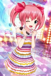 Rule 34 | 1girl, alternative girls, blush, bow, dress, highres, idol, jewelry, mano sakurako, microphone, multicolored clothes, multicolored dress, necklace, one eye closed, open mouth, pearl necklace, pink bow, pink hair, pleated dress, short dress, smile, stage, stage lights, twintails, wristband