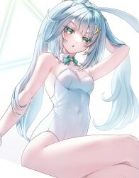 Rule 34 | 1girl, animal ears, aqua hair, arm up, armpit crease, bare shoulders, blunt bangs, blush, bow, bowtie, breasts, cleavage, covered navel, crossed legs, dazhong (g.marika), detached collar, fake animal ears, faruzan (genshin impact), feet out of frame, genshin impact, green eyes, hair ornament, highleg, highleg leotard, highres, leotard, medium breasts, open mouth, playboy bunny, rabbit ears, sidelocks, simple background, sitting, solo, strapless, strapless leotard, symbol-shaped pupils, triangle-shaped pupils, twintails, white background, white leotard, wrist cuffs, x hair ornament