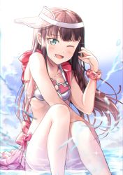 Rule 34 | 1girl, ;d, animal ears, bare arms, bare shoulders, bikini, black hair, blunt bangs, blush, bow, breasts, collarbone, commentary request, day, feet out of frame, greyscale, heart, heart-shaped eyewear, highres, knees up, kurosawa dia, long hair, looking at viewer, love live!, love live! school idol festival, love live! sunshine!!, mole, mole under mouth, monochrome, one eye closed, open clothes, open mouth, open vest, outdoors, pink-tinted eyewear, pink bow, pink vest, see-through, shaka (staito0515), shallow water, sideways hat, sitting, small breasts, smile, solo, sparkle, sunglasses, sunlight, swimsuit, tinted eyewear, very long hair, vest, visor cap, water, white-framed eyewear, white bikini