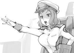 Rule 34 | 10s, 1girl, bouncing breasts, breasts, cosplay, greyscale, gundam, gundam build fighters, gundam seed, hat, iori rinko, large breasts, long hair, military, military uniform, mitsuishi kotono, monochrome, murrue ramius, murrue ramius (cosplay), open mouth, outstretched arm, peaked cap, shouting, sketch, solo, ueyama michirou, uniform, voice actor connection