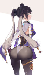 Rule 34 | 1girl, absurdres, ass, ass grab, ass support, black hair, black pantyhose, breasts, cape, deep skin, detached sleeves, elbow gloves, from behind, genshin impact, gloves, green eyes, hair ornament, hair ribbon, half-closed eyes, highres, huge ass, leotard, long hair, looking at viewer, looking back, medium breasts, mona (genshin impact), pantyhose, ribbon, shiny clothes, sideboob, simple background, solo, thighlet, twintails, very long hair, white background, yushiro