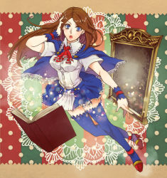 Rule 34 | 1girl, ascot, blue eyes, blue thighhighs, blush, book, breasts, brown hair, capelet, castlevania (series), castlevania: portrait of ruin, charlotte aulin, frills, high heels, konami, long hair, medium breasts, open mouth, portrait (object), senbe (motimotio), shoes, skirt, thighhighs