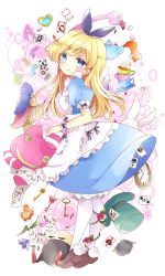 Rule 34 | 1girl, :p, @ @, absurdres, ace (playing card), ace of hearts, ace of spades, alice (alice in wonderland), alice in wonderland, animal, apron, bad id, bad pixiv id, bird, blonde hair, bloomers, blue bow, blue dress, blue eyes, blue ribbon, blush, bow, brown footwear, card, cat, caterpillar, caterpillar (alice in wonderland), character name, cheshire cat (alice in wonderland), club (shape), commentary, cookie, cup, diamond (shape), dress, drink me, eat me, english text, flamingo, flower, food, frilled apron, frills, from side, full body, glass bottle, hair ribbon, hat, head tilt, heart, hedgehog, highres, humpty dumpty, key, looking at viewer, looking to the side, mushroom, pantyhose, petals, plant, playing card, pocket, pocket watch, puffy short sleeves, puffy sleeves, rabbit, red flower, red rose, ribbon, rose, saucer, shoes, short sleeves, smile, spade (shape), star (symbol), sugar cube, tea, teacup, teapot, thorns, tongue, tongue out, top hat, tsukiyo (skymint), underwear, vines, watch, white apron, white pantyhose, white rabbit (alice in wonderland), wrist cuffs