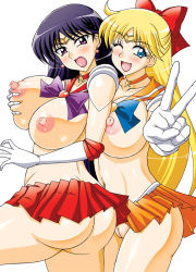 Rule 34 | 1990s (style), 2girls, aino minako, ass, bare legs, bishoujo senshi sailor moon, black hair, blonde hair, blue eyes, blush, bow, grabbing another&#039;s breast, breasts, choker, cleft of venus, elbow gloves, embarrassed, gloves, grabbing, hair bow, half updo, hino rei, huge breasts, inner senshi, jewelry, large breasts, long hair, looking at viewer, looking back, magical girl, multiple girls, neck, necklace, nipples, one eye closed, open mouth, orange choker, orange sailor collar, orange skirt, pussy, rainkeru, red bow, red choker, red sailor collar, red skirt, retro artstyle, sailor collar, sailor mars, sailor venus, shy, skirt, smile, star (symbol), star choker, star necklace, super sailor mars, super sailor venus, uncensored, v, white gloves, wink, yuri