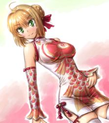 Rule 34 | 10s, 1girl, ahoge, amania orz, artoria pendragon (all), artoria pendragon (fate), bare shoulders, blonde hair, braid, breasts, china dress, chinese clothes, detached sleeves, dress, fate/extra, fate (series), gradient background, green eyes, hair between eyes, hair bun, looking at viewer, nero claudius (fate), nero claudius (fate) (all), nero claudius (fate/extra), saber (fate), short dress, single hair bun, skindentation, smile, solo