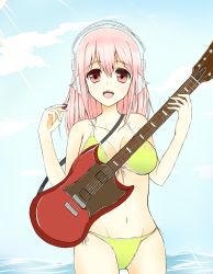 Rule 34 | 1girl, bikini, blue gk, breasts, electric guitar, guitar, headphones, highres, instrument, large breasts, long hair, looking at viewer, navel, nitroplus, open mouth, pink hair, plectrum, red eyes, smile, solo, super sonico, swimsuit, yellow bikini
