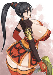Rule 34 | 1girl, armor, ass, black hair, bow (weapon), breasts, cleavage, crossbow, covered erect nipples, gigantic breasts, gloves, gun, highres, huge ass, lian shi, sagging breasts, long hair, otogi tetsurou, ponytail, shin sangoku musou, solo, standing, weapon