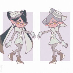 Rule 34 | 2girls, :d, arm at side, arm up, bellhenge, black hair, blush, bow-shaped hair, breasts, callie (splatoon), commentary request, cousins, dress, earrings, fang, fangs, full body, gloves, grey hair, grin, hands up, hoop earrings, inkling, jewelry, jumpsuit, long hair, looking at viewer, marie (splatoon), medium breasts, mole, mole under eye, multiple girls, nintendo, official alternate costume, open mouth, pantyhose, pointy ears, scarf, short hair, short jumpsuit, skin fang, smile, splatoon (series), splatoon 3, star-shaped pupils, star (symbol), strapless, strapless dress, suction cups, swept bangs, symbol-shaped pupils, tentacle hair, twintails, white background, white dress, white gloves, white jumpsuit, white pantyhose, white scarf, yellow eyes