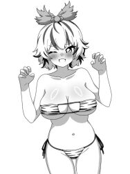 Rule 34 | 1girl, animal print, bare arms, bare legs, bare shoulders, bikini, blush, breasts, collarbone, cowboy shot, fang, greyscale, groin, large breasts, looking at viewer, monochrome, multicolored hair, navel, one eye closed, onkn sxkn, open mouth, short hair, simple background, skin fang, solo, swimsuit, tiger print, toramaru shou, touhou, two-tone hair, white background