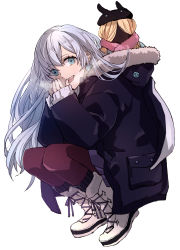 Rule 34 | 1girl, absurdres, anastasia (fate), blue eyes, coat, doll, fate/grand order, fate (series), highres, hood, hooded coat, long hair, looking at viewer, pantyhose, silver hair, sleeves past wrists, solo, squatting, tsengyun, very long hair, viy (fate), white background, winter clothes, winter coat