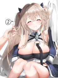 Rule 34 | 1boy, 1girl, absurdres, anchorage (azur lane), arm up, armpits, azur lane, bare shoulders, blush, breasts, cleavage, closed eyes, closed mouth, crossed bangs, detached sleeves, futon fly away, hair between eyes, hair ornament, hand in own hair, highres, large breasts, light brown hair, long hair, long sleeves, musical note, sitting, smile, solo focus, twintails