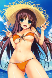 Rule 34 | 1girl, :d, bare shoulders, bikini, blue sky, blush, braid, breasts, brown hair, cleavage, cloud, collarbone, covered erect nipples, day, double v, female focus, fingernails, fisheye, front-tie top, green eyes, groin, hair between eyes, hat, head tilt, highres, hip focus, large breasts, light rays, long hair, long image, looking at viewer, navel, ocean, open mouth, orange bikini, original, outdoors, scan, shade, shiny skin, side-tie bikini bottom, skindentation, sky, smile, solo, standing, strap pull, straw hat, string bikini, sun hat, sunbeam, sunlight, swimsuit, tall image, thigh gap, thighs, tomose shunsaku, twin braids, underboob, undressing, v, very long hair, water