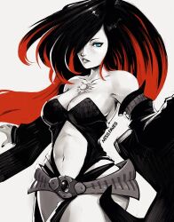 Rule 34 | 1girl, bare shoulders, black hair, blue eyes, breasts, clothing cutout, crow (gravity daze), gravity daze, gravity daze 2, greyscale, hair over one eye, long hair, looking at viewer, medium breasts, midriff, miss faves, monochrome, multicolored hair, navel, red hair, solo, spot color, stomach cutout, two-tone hair, vambraces