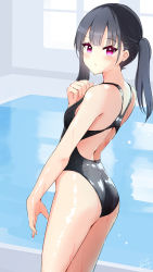 Rule 34 | 1girl, ass, black hair, black one-piece swimsuit, commentary request, competition swimsuit, cowboy shot, from behind, haoriya chie (minidraco), highres, long hair, looking at viewer, minidraco, one-piece swimsuit, original, pool, red eyes, solo, standing, swimsuit, twintails, window