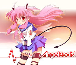 Rule 34 | 10s, 1girl, angel beats!, ankle lace-up, cross-laced footwear, female focus, gradient background, long hair, outdoors, pink eyes, pink hair, school uniform, scp (9scp), serafuku, sky, solo, tail, twintails, two side up, yui (angel beats!)