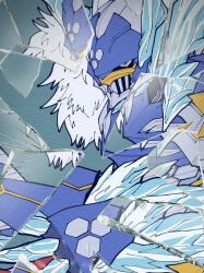 Rule 34 | armor, digimon, digimon (creature), hexeblaumon, highres, ice, looking at viewer, solo, white hair, yellow eyes