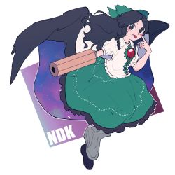 Rule 34 | 1girl, akanbe, arm cannon, asymmetrical footwear, bird wings, black hair, black wings, blush, bow, buttons, cape, character name, closed mouth, collared shirt, commentary, control rod, cookie (touhou), eyelid pull, frilled shirt collar, frilled skirt, frills, full body, green bow, green skirt, hair bow, highres, hita (hizokuseikogeki), long hair, looking at viewer, mismatched footwear, nadeko (cookie), puffy short sleeves, puffy sleeves, reiuji utsuho, shirt, short sleeves, skirt, smile, solo, starry sky print, third eye, tongue, tongue out, touhou, weapon, white background, white cape, white shirt, wings