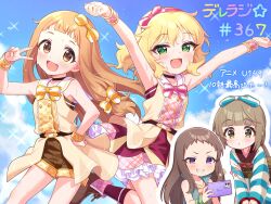 4girls arms_up blonde_hair blue_sky blush brown_eyes brown_hair cellphone choker cloud commentary_request euphoniummatsu flat_chest green_eyes highres ichihara_nina idolmaster idolmaster_cinderella_girls japanese_clothes kimono koseki_reina long_hair low_ponytail multiple_girls open_mouth orange_hair outstretched_arms phone ponytail purple_eyes sakurai_momoka short_shorts shorts skirt sky smartphone smile spread_arms sweat v yorita_yoshino