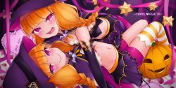 Rule 34 | 2girls, ashita (sound voltex), blonde hair, breasts, cawol (sound voltex), hat, heart, heart-shaped pupils, heart-shaped pillow, highres, jack-o&#039;-lantern, multiple girls, navel, on bed, petals, pillow, pumpkin, purple eyes, purple skirt, rose petals, siblings, skirt, small breasts, smile, smirk, sound voltex, stomach, symbol-shaped pupils, thighhighs, twins, witch hat