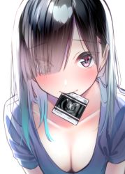 Rule 34 | 1girl, backlighting, black hair, blue hair, blue shirt, breasts, cleavage, closed mouth, collarbone, condom, condom wrapper, downblouse, eyes visible through hair, from above, gradient hair, hair over one eye, highres, long hair, looking at viewer, medium breasts, mouth hold, multicolored hair, original, purple eyes, rinku (rin9), shirt, short sleeves, simple background, solo, upper body, white background
