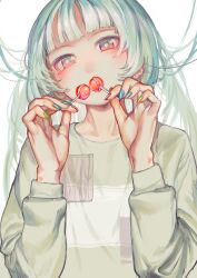 Rule 34 | 1girl, blue hair, blue nails, blush, candy, collarbone, covering own mouth, food, green nails, grey eyes, grey shirt, head tilt, highres, holding, holding candy, holding food, lollipop, long bangs, long hair, long sleeves, looking at viewer, multicolored nails, nail polish, nik ibi, original, print shirt, red nails, shirt, sidelocks, simple background, sleeve cuffs, solo, straight-on, upper body, white background