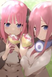 Rule 34 | 2girls, black ribbon, blue eyes, brown dress, brown hair, closed mouth, commentary request, crepe, dress, eating, eyebrows hidden by hair, food, food on face, fruit, go-toubun no hanayome, hair between eyes, hair ribbon, headphones, headphones around neck, highres, holding, holding food, ichijou (kr neru0), long hair, long sleeves, looking at viewer, multiple girls, nakano miku, nakano nino, pink hair, ribbon, siblings, sisters, strawberry, two side up