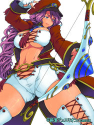Rule 34 | 1girl, arrow (projectile), blue eyes, bow (weapon), braid, breasts, cleavage, copyright name, cowboy shot, eroe, fingerless gloves, gloves, junketsu duelion, large breasts, long hair, monica brandes, navel, official art, pink hair, ponytail, short hair, simple background, single braid, solo, thighhighs, underboob, weapon, white background