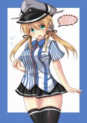 Rule 34 | 10s, 1girl, anchor hair ornament, black skirt, black thighhighs, blonde hair, blue eyes, blush, chan (akuty ikkot), dress shirt, employee uniform, hair ornament, hat, highres, kantai collection, lawson, microskirt, name tag, open mouth, peaked cap, prinz eugen (kancolle), shirt, short sleeves, skirt, solo, striped clothes, striped shirt, thighhighs, uniform