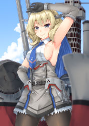 Rule 34 | 1girl, armpits, black gloves, black pantyhose, blonde hair, blue eyes, blue necktie, blue sky, braid, breasts, cannon, capelet, cloud, colorado (kancolle), commentary request, day, dress, elbow gloves, garrison cap, gloves, gluteal fold, grey dress, hat, headgear, highres, kantai collection, large breasts, machinery, necktie, pantyhose, pleated dress, sano souichi, shirt, short hair, side braids, sideboob, sky, sleeveless, solo, standing, white shirt