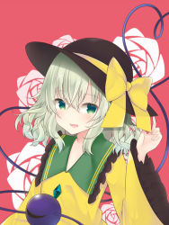 Rule 34 | 1girl, :d, black hat, blouse, blush, buttons, collared shirt, diamond button, eyeball, frilled shirt collar, frilled sleeves, frills, green eyes, hair between eyes, hat, hat ribbon, heart, heart of string, highres, komeiji koishi, light green hair, long sleeves, looking at viewer, medium hair, open mouth, red background, ribbon, shirt, sidelocks, simple background, smile, solo, third eye, tosakaoil, touhou, upper body, wavy hair, wide sleeves, yellow ribbon, yellow shirt