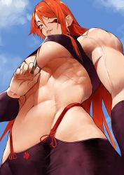 Rule 34 | 1girl, abs, absurdres, bare arms, bare shoulders, biceps, black pants, blonde hair, blue sky, body markings, breasts, collarbone, covered erect nipples, facepaint, fuuma kotarou (tenkaichi), gradient hair, halterneck, highres, large breasts, long hair, looking at viewer, multicolored hair, muscular, muscular female, navel, pants, red eyes, red hair, revealing clothes, sky, smile, solo, tenkaichi nihon saikyou bugeisha ketteisen, thick thighs, thighs, toned, underboob, yoshio (55level)