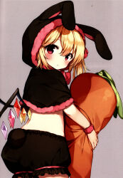 Rule 34 | 1girl, absurdres, alternate costume, animal ears, back, black capelet, black shorts, blonde hair, blush, bow, bowtie, capelet, closed mouth, crystal, fake animal ears, fake tail, flandre scarlet, from behind, fur trim, grey background, hair between eyes, hair ribbon, highres, holding, holding stuffed toy, hood, hooded capelet, looking at viewer, looking back, multicolored wings, one side up, pink bow, pink bowtie, pink eyes, rabbit ears, rabbit tail, red ribbon, ribbon, shnva, short hair, shorts, simple background, solo, standing, stuffed carrot, stuffed toy, tail, touhou, wings, wrist cuffs