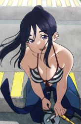 Rule 34 | 1girl, :d, bare shoulders, bikini, bikini top only, black bikini, blue hair, blush, bodysuit, breasts, cleavage, diving suit, dunchy, highres, kneeling, large breasts, looking at viewer, love live!, love live! sunshine!!, matsuura kanan, open mouth, ponytail, purple eyes, smile, solo, striped bikini, striped clothes, swimsuit, wetsuit