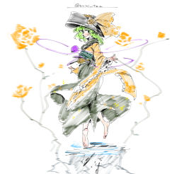 Rule 34 | 1girl, adapted costume, barefoot, bow, commentary request, floating, flower, full body, green eyes, green hair, hat, hat bow, hat flower, japanese clothes, kimono, komeiji koishi, long sleeves, looking at viewer, matching hair/eyes, obi, sash, solo, third eye, tiptoes, torichamaru, touhou, twitter username, wide sleeves, yukata