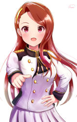 Rule 34 | 1girl, :d, blush, brown hair, floating hair, hand on own hip, highres, idolmaster, idolmaster (classic), jacket, long hair, long sleeves, looking at viewer, marching band, military jacket, minase iori, open mouth, pleated skirt, red eyes, runmo77, signature, simple background, skirt, smile, solo, standing, very long hair, white background, white jacket, white skirt