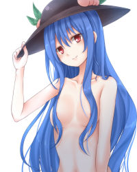 Rule 34 | 1girl, adjusting clothes, adjusting headwear, areola slip, aru gunsou, bad id, bad pixiv id, black hat, blue hair, breasts, censored, convenient censoring, food, fruit, hair between eyes, hair censor, hair over breasts, hat, head tilt, hinanawi tenshi, long hair, looking at viewer, nude, peach, profile, red eyes, small breasts, smile, solo, touhou, very long hair, white background