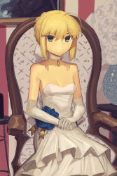 Rule 34 | 1girl, ahoge, armchair, artoria pendragon (all), artoria pendragon (fate), bare shoulders, blonde hair, boa (brianoa), breasts, chair, choker, commentary, drawing (object), dress, dress flower, elbow gloves, english commentary, fate/stay night, fate (series), gloves, green eyes, hair bun, hands on lap, highres, indoors, light smile, looking at viewer, own hands together, ribbon choker, saber (fate), short hair, sidelocks, single hair bun, sitting, small breasts, solo, twitter username, updo, white choker, white dress, white gloves