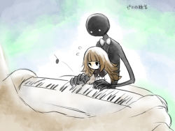 Rule 34 | 1girl, bad id, bad pixiv id, brown hair, deemo, deemo (character), girl (deemo), height difference, hk (nt), instrument, piano, teaching