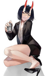 Rule 34 | 1girl, alcohol, beer, beer can, blazer, blazpu, can, drink can, fate/grand order, fate (series), high heels, highres, horns, jacket, legs, office lady, open mouth, purple eyes, purple hair, short hair, shuten douji (fate), simple background, sitting, skin-covered horns, smile, thighs, white background