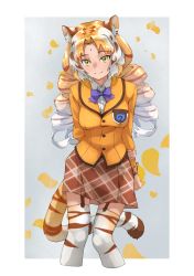 Rule 34 | 1girl, absurdres, animal ears, animal print, arm behind back, blonde hair, blue bow, blue bowtie, bow, bowtie, collared shirt, commentary request, cowboy shot, curly hair, drill hair, forehead, garter straps, golden tabby tiger (kemono friends), highres, jacket, japari symbol, kemono friends, long hair, long sleeves, looking at viewer, plaid, plaid skirt, plaid trim, pleated skirt, print thighhighs, shirt, skirt, solo, tail, tanabe (fueisei), thighhighs, tiger ears, tiger girl, tiger print, tiger tail, twin drills, white hair, white shirt, yellow eyes, yellow jacket, yellow skirt, zettai ryouiki