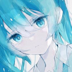 Rule 34 | 1girl, absurdres, aqua bow, aqua bowtie, aqua eyes, aqua hair, blue eyes, blue theme, bow, bowtie, close-up, closed mouth, collared shirt, commentary request, dot nose, hair between eyes, hatsune miku, highres, izu (izu 16016), long hair, looking at viewer, necktie, pale skin, portrait, shirt, sidelocks, simple background, solo, tears, twintails, vocaloid, white background, white shirt