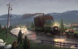 Rule 34 | aoi waffle, check commentary, commentary, commentary request, dieselpunk, farmer, fence, helmet, highres, lamppost, marching, military, military uniform, military vehicle, motor vehicle, mountainous horizon, multiple boys, picket fence, rain, road, rusty front, sheep, smoke, tank, truck, uniform, wooden fence